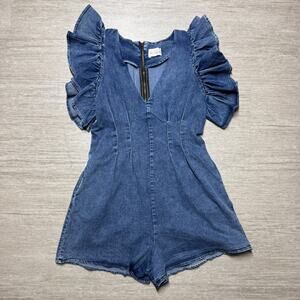 Bella Ella Womens Blue Denim Ruffle Sleeve Nipped Waist Denim Romper Sz Large